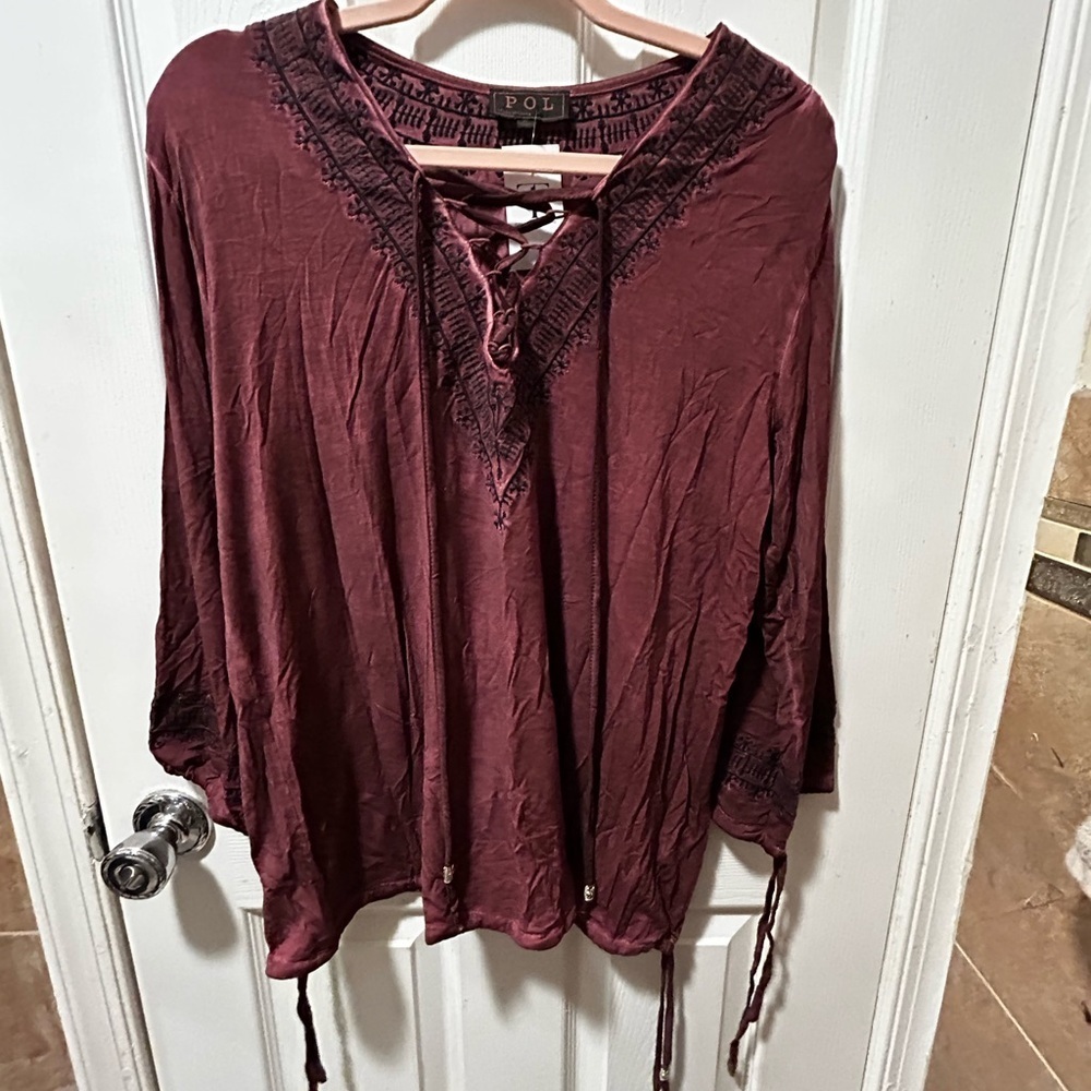 POL Women's Deep Burgundy Lace-Up Blouse Size S
